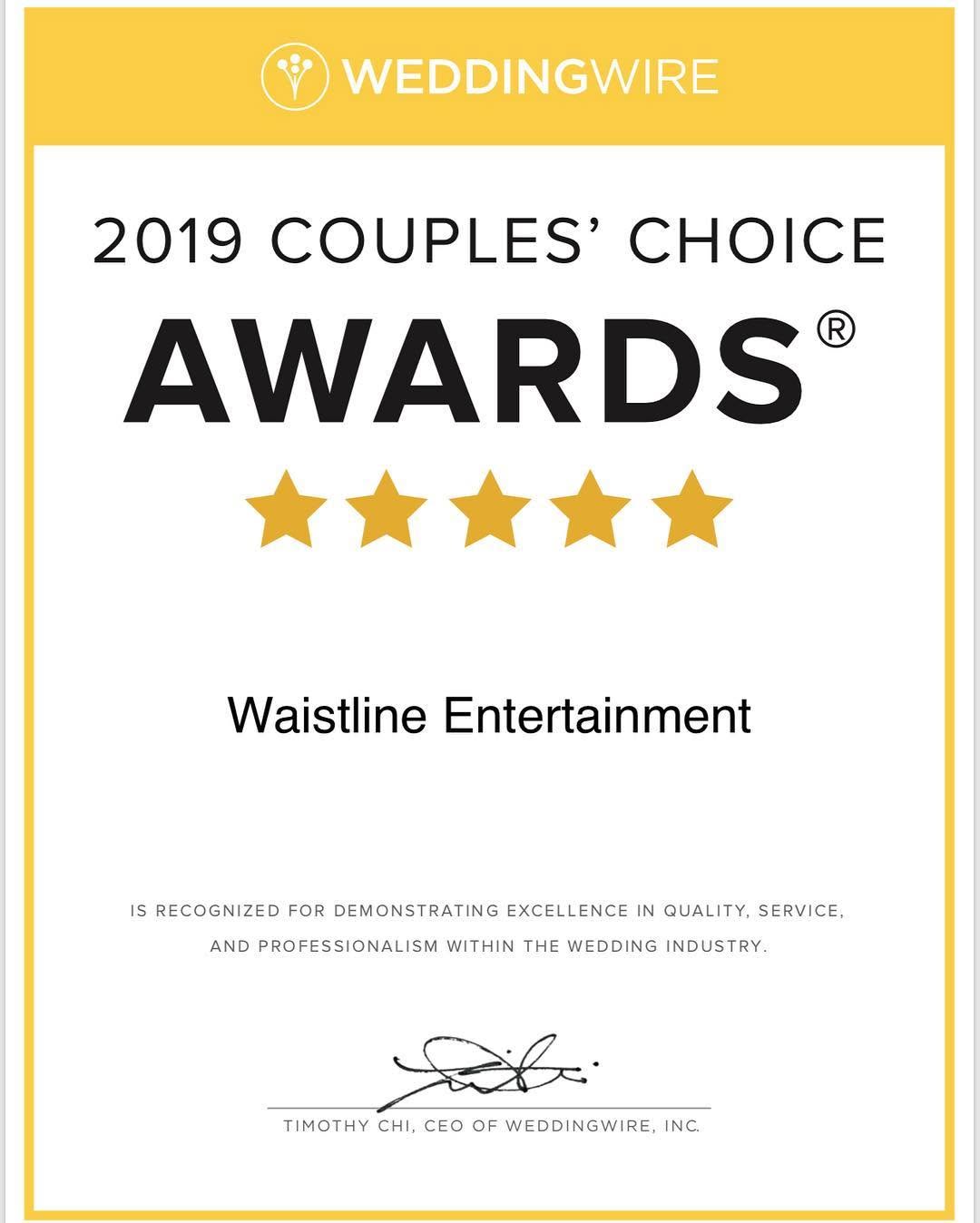 WeddingWire Couples' Choice Awards certificate for Waistline Entertainment, five stars